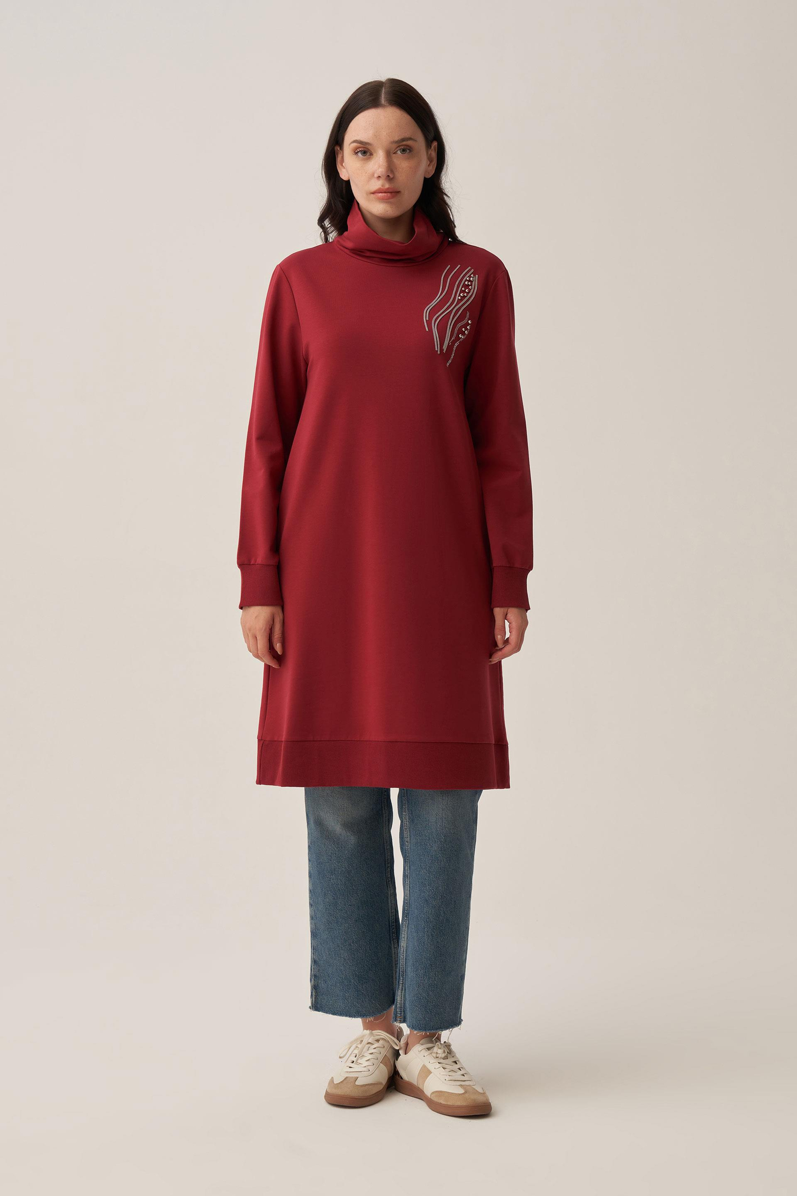 Bordo-Taş İşlemeli Pamuklu Tunik