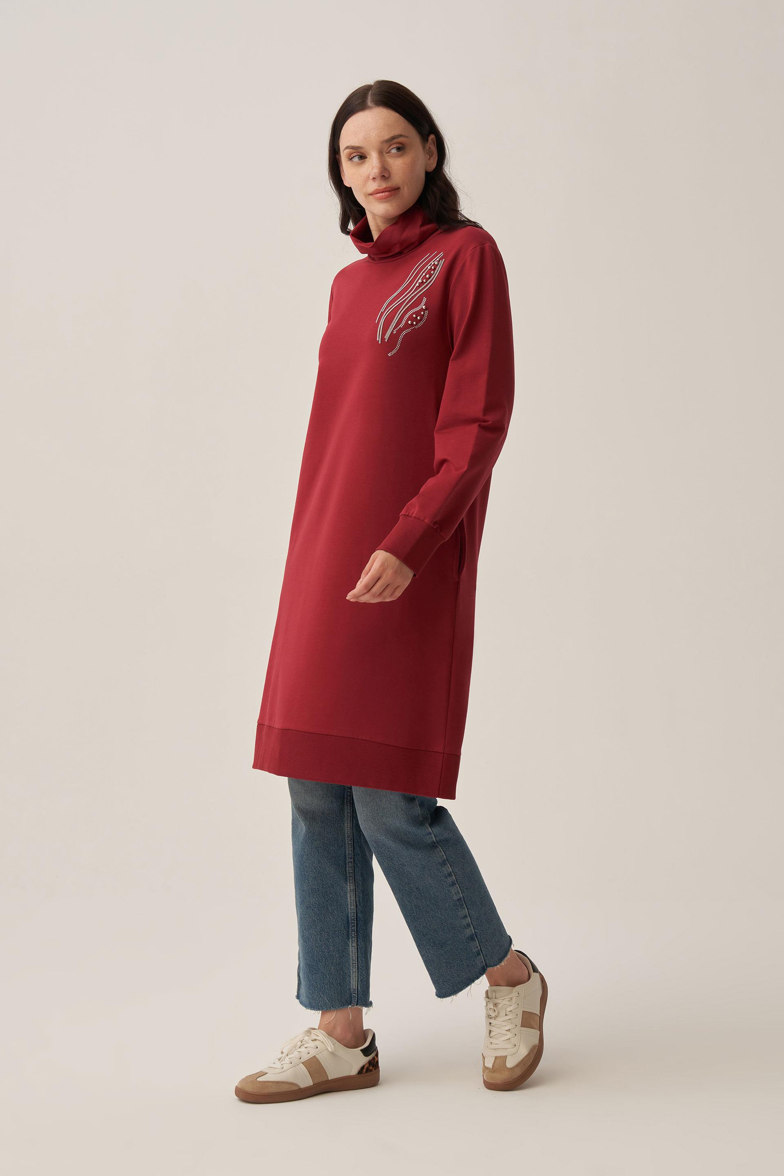 Bordo-Taş İşlemeli Pamuklu Tunik