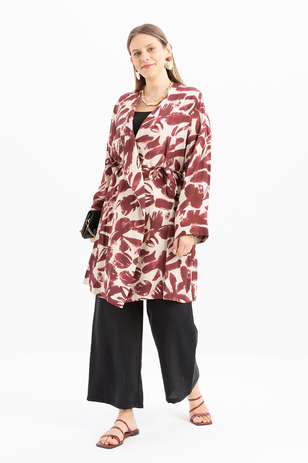 Bordo-Taş-Kruvaze Yaka Desenli Kuşaklı Kimono