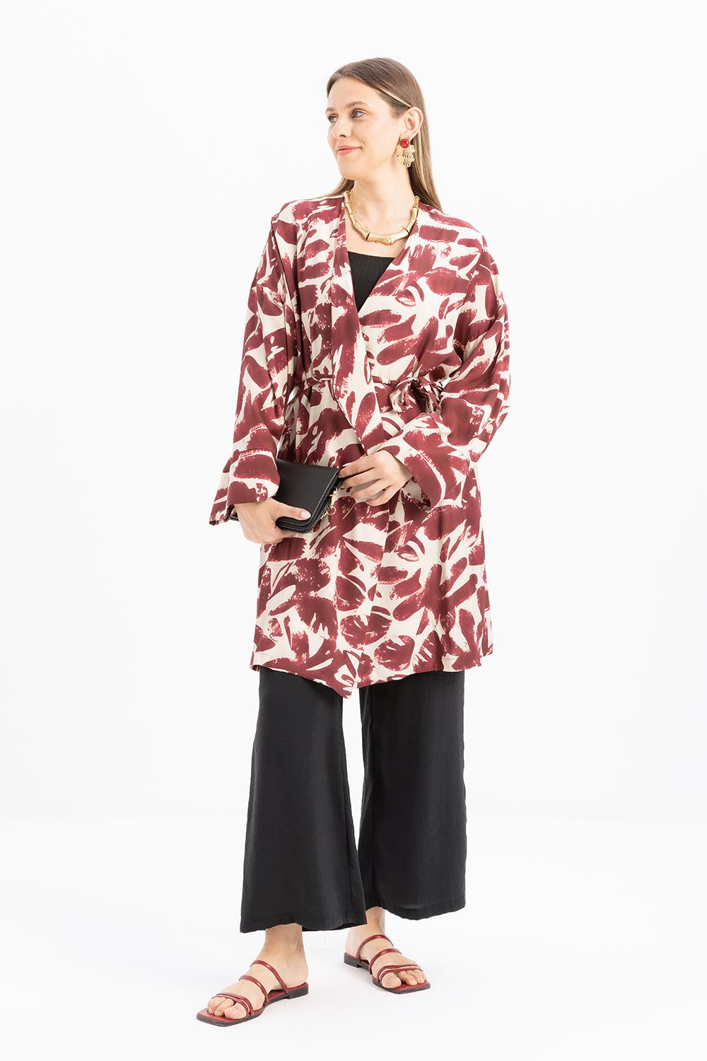 Bordo-Taş-Kruvaze Yaka Desenli Kuşaklı Kimono