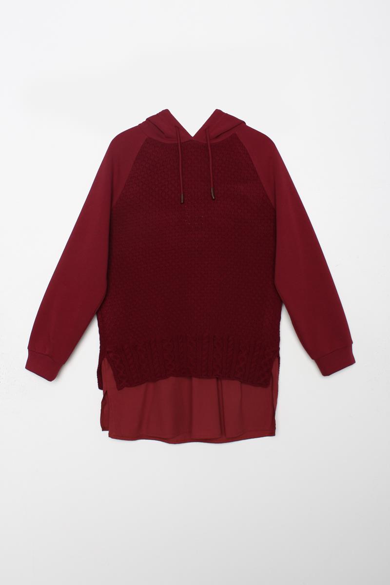 Bordo-Triko Garnili Kapüşonlu Sweatshirt