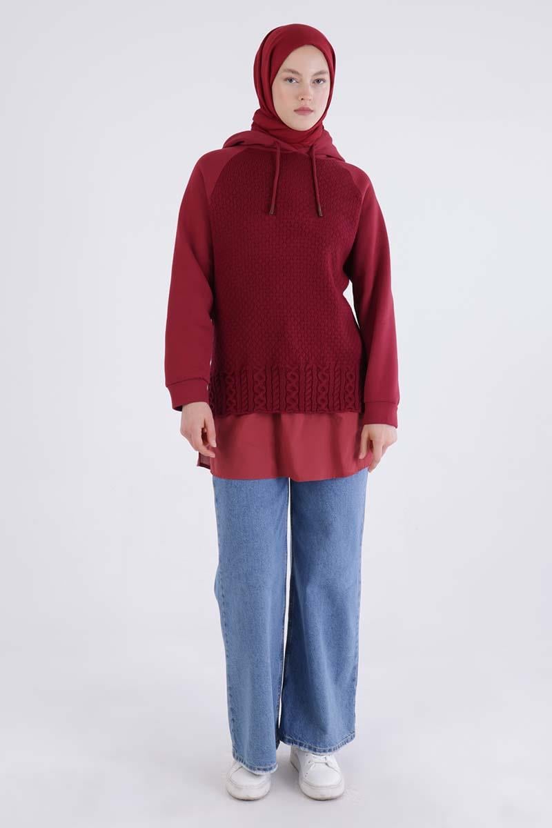 Bordo-Triko Garnili Kapüşonlu Sweatshirt