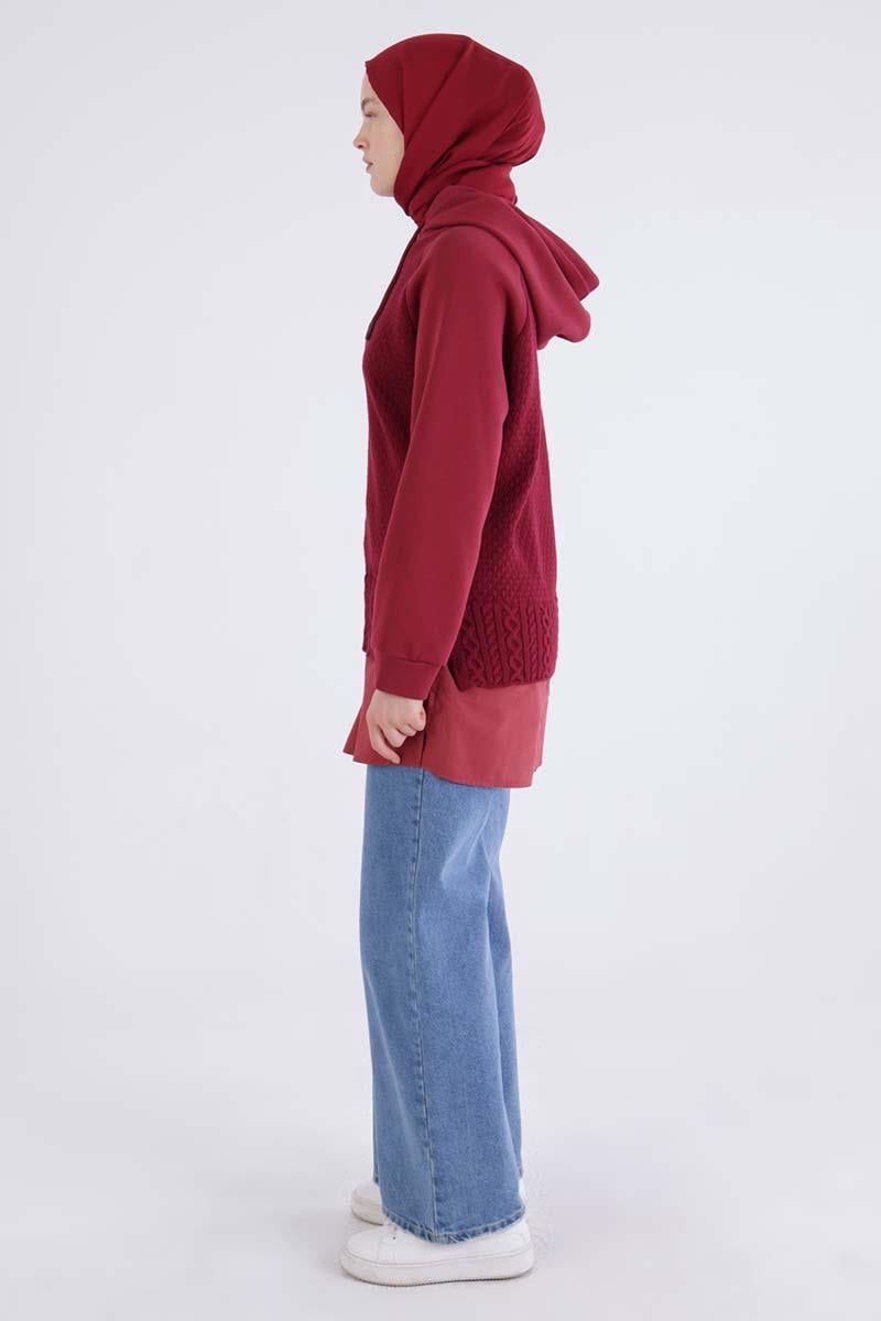 Bordo-Triko Garnili Kapüşonlu Sweatshirt