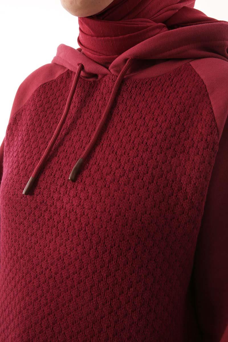 Bordo-Triko Garnili Kapüşonlu Sweatshirt