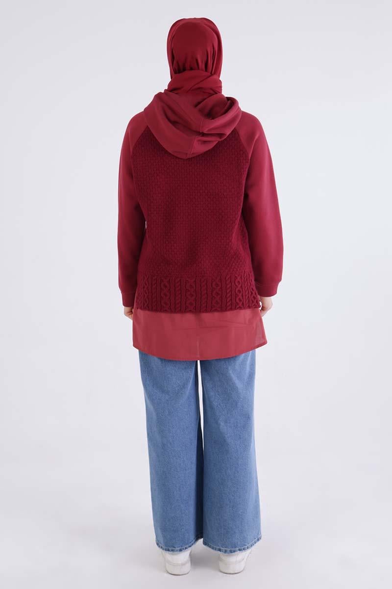 Bordo-Triko Garnili Kapüşonlu Sweatshirt