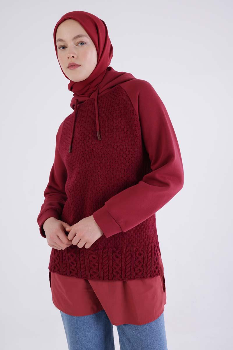 Bordo-Triko Garnili Kapüşonlu Sweatshirt