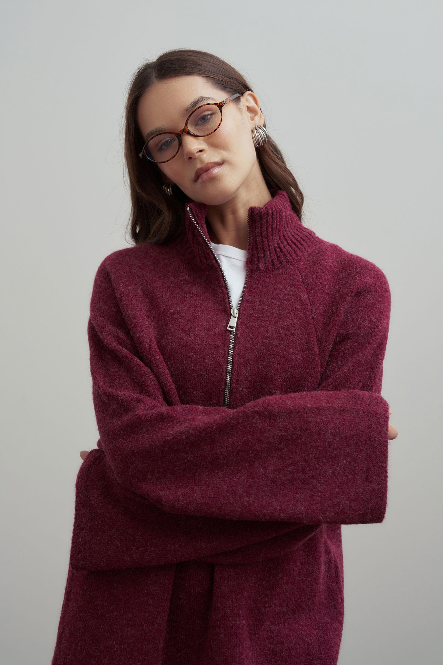 Bordo-Yarım Fermuarlı Kazak