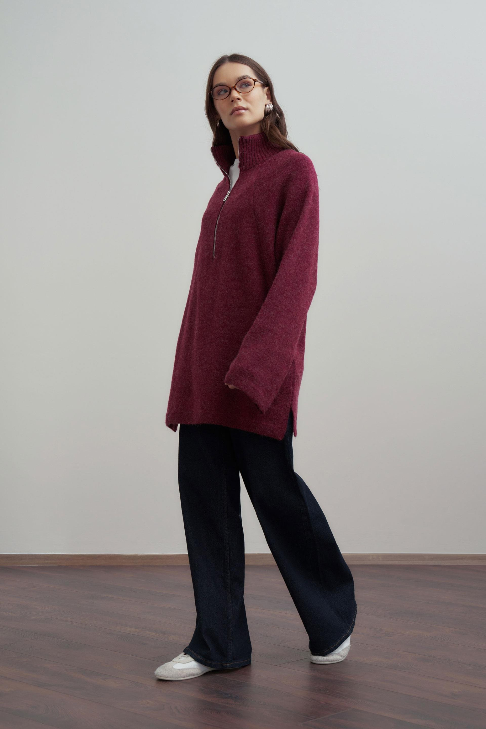 Bordo-Yarım Fermuarlı Kazak