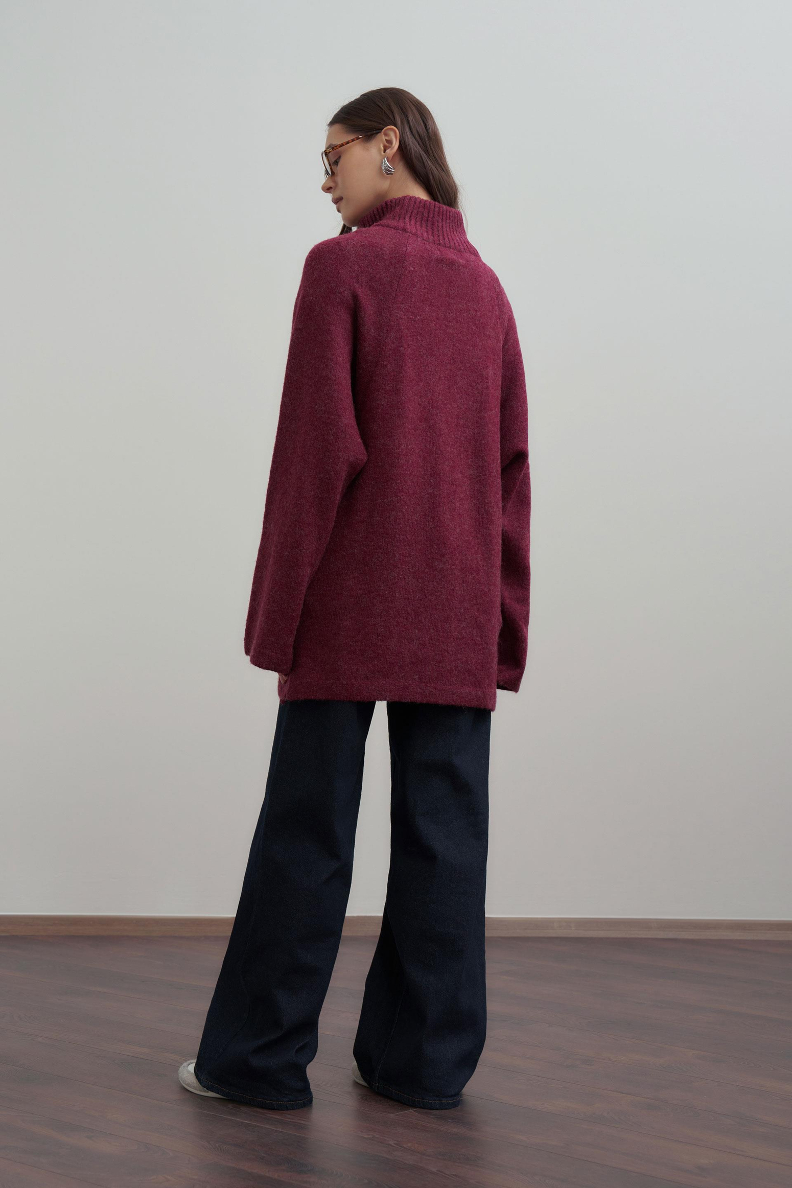 Bordo-Yarım Fermuarlı Kazak