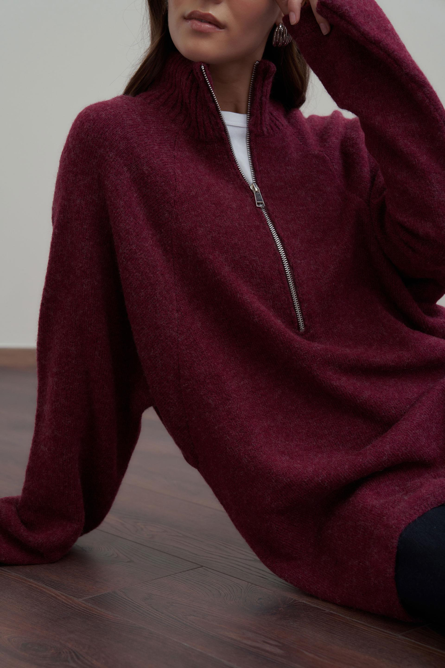 Bordo-Yarım Fermuarlı Kazak