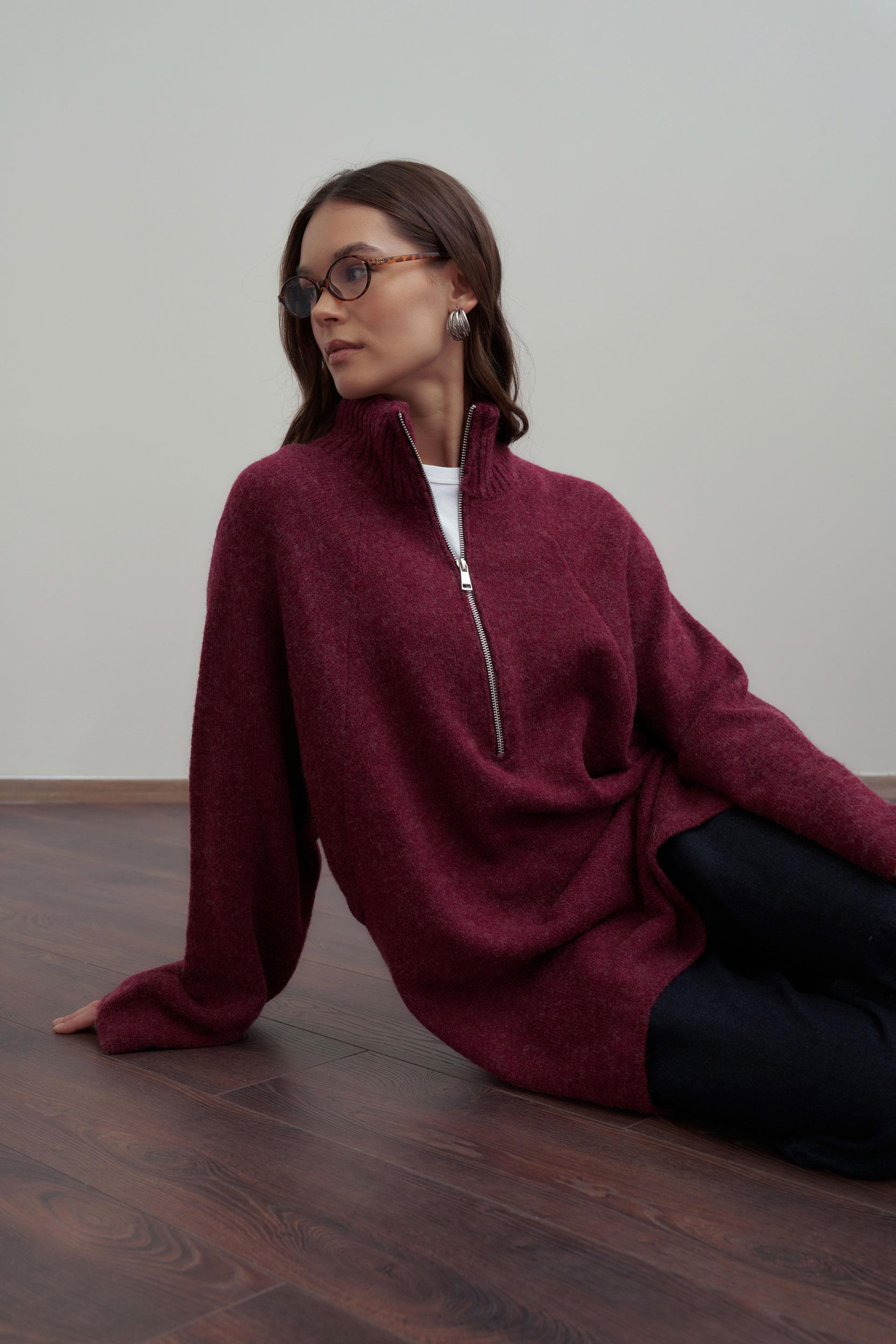 Bordo-Yarım Fermuarlı Kazak