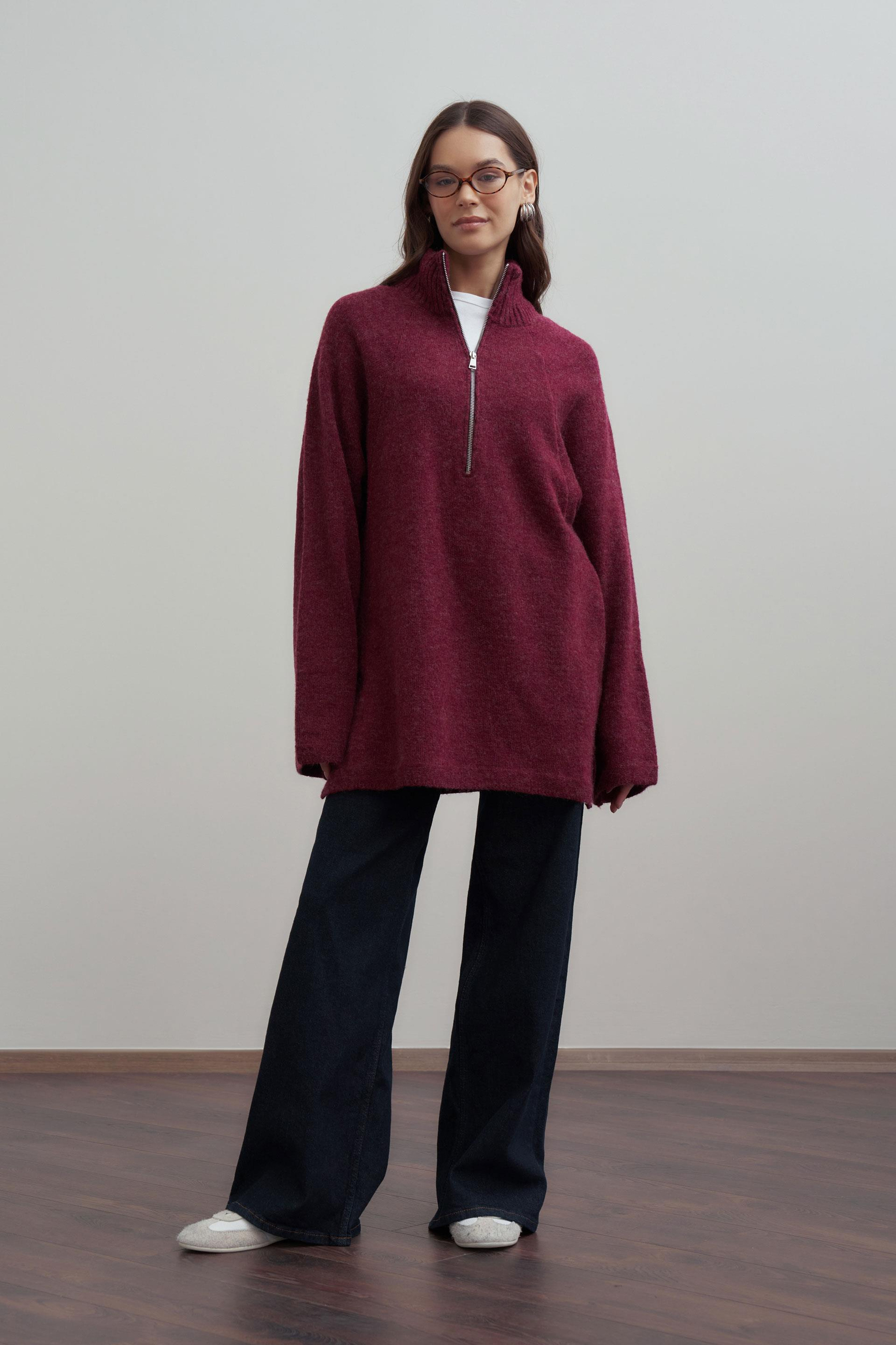 Bordo-Yarım Fermuarlı Kazak