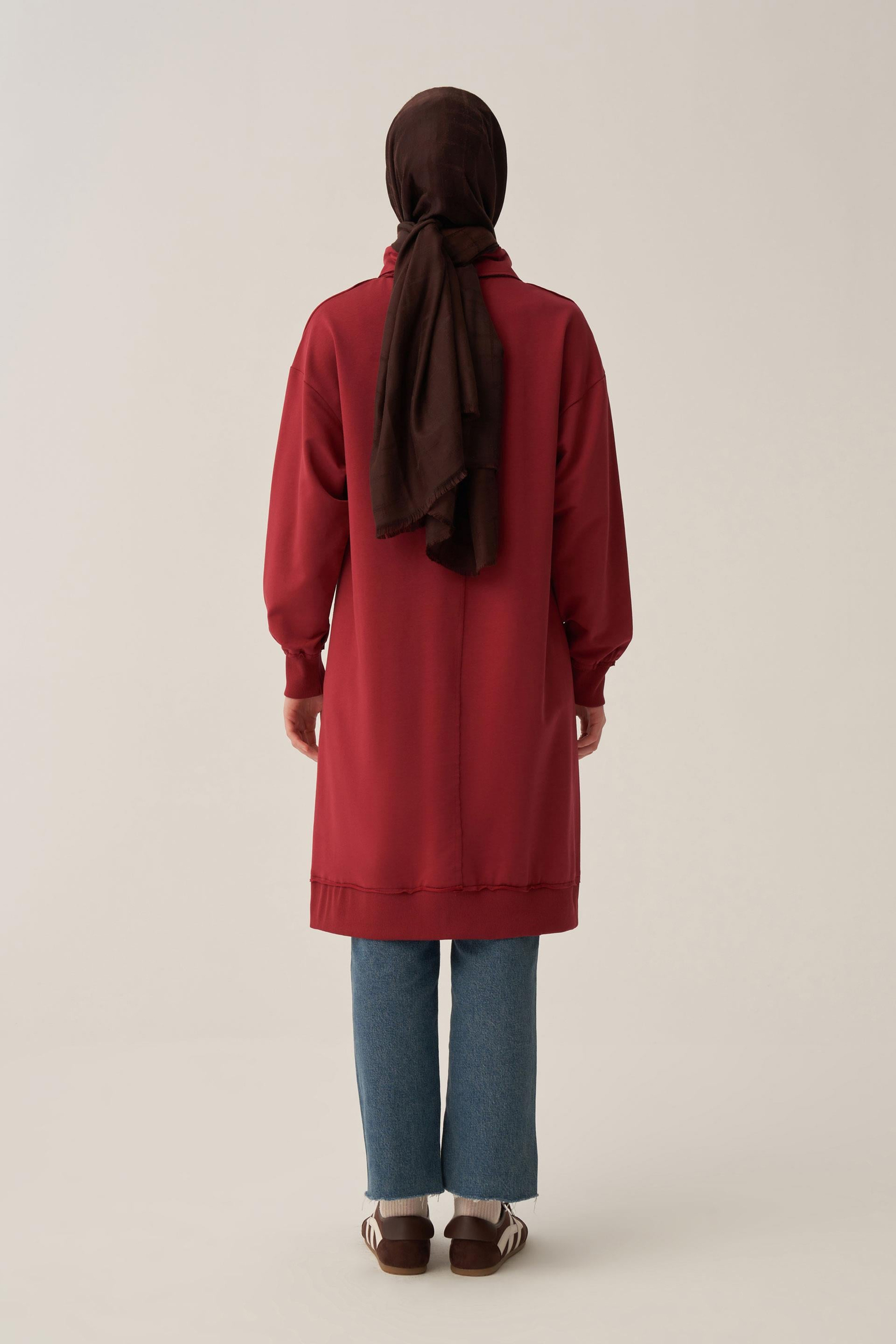 Bordo-Yarım Patlı Yırtmaçlı Keten Tunik