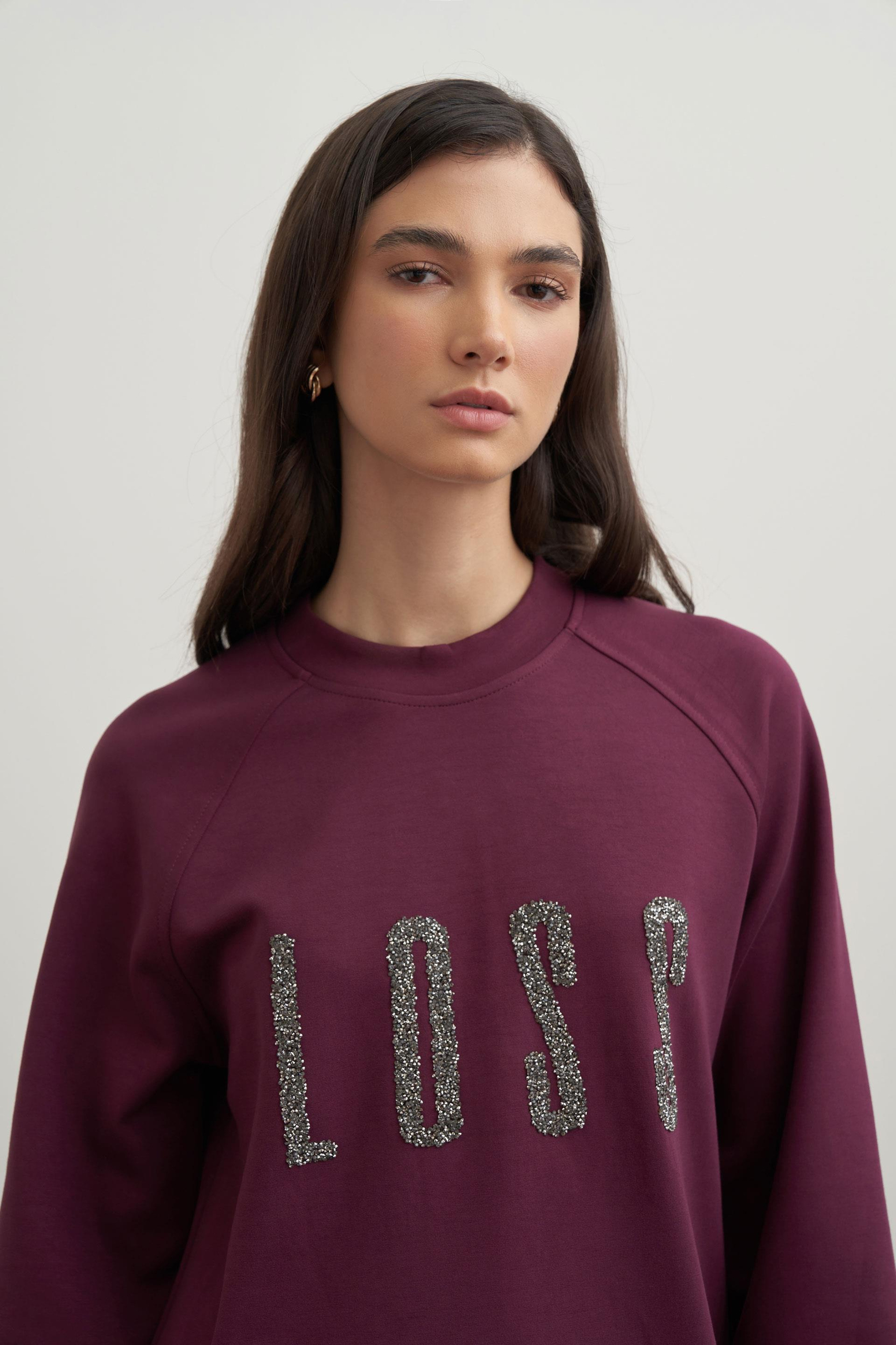Bordo-Yumuşak Dokulu Baskılı Reglan Tunik