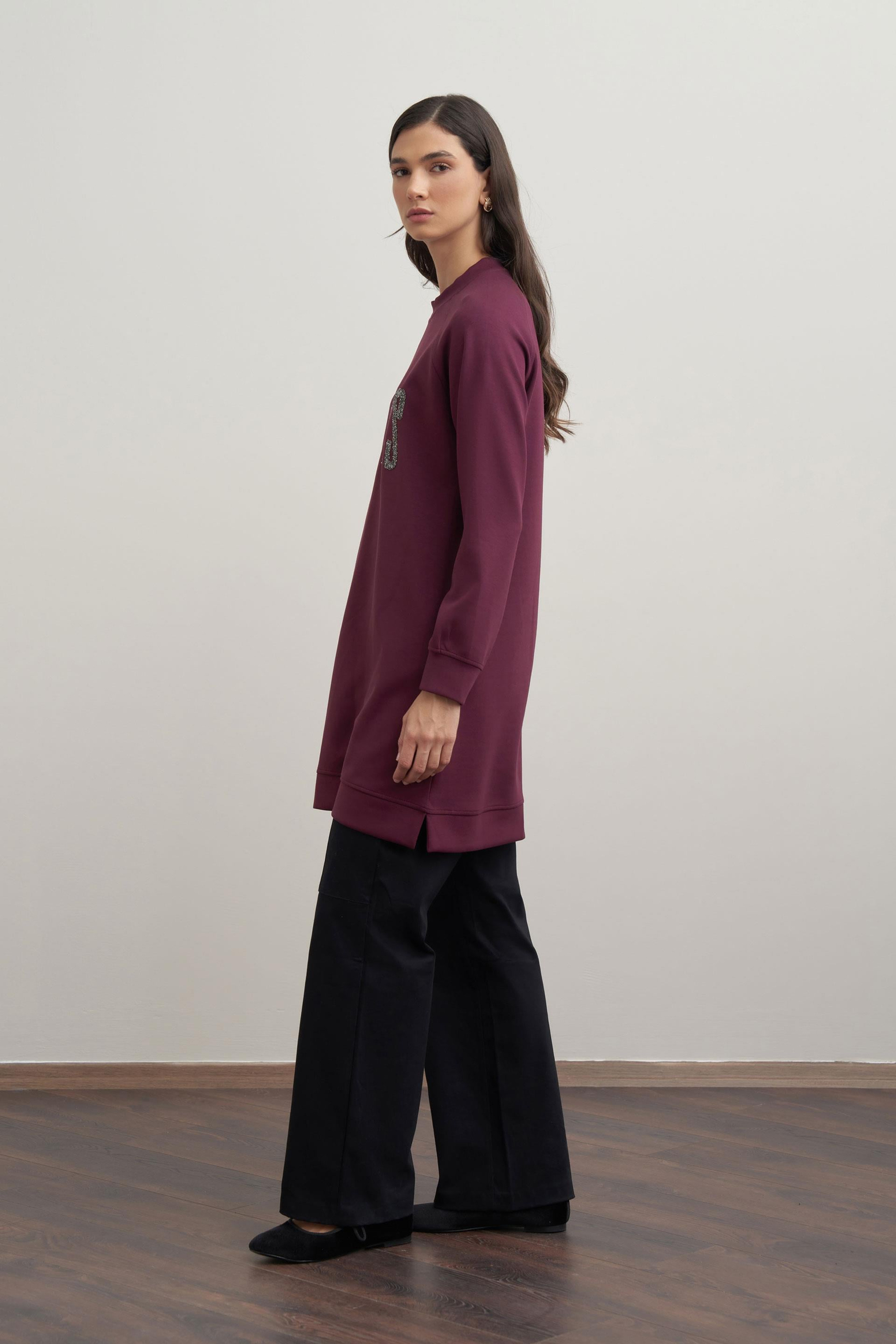 Bordo-Yumuşak Dokulu Baskılı Reglan Tunik
