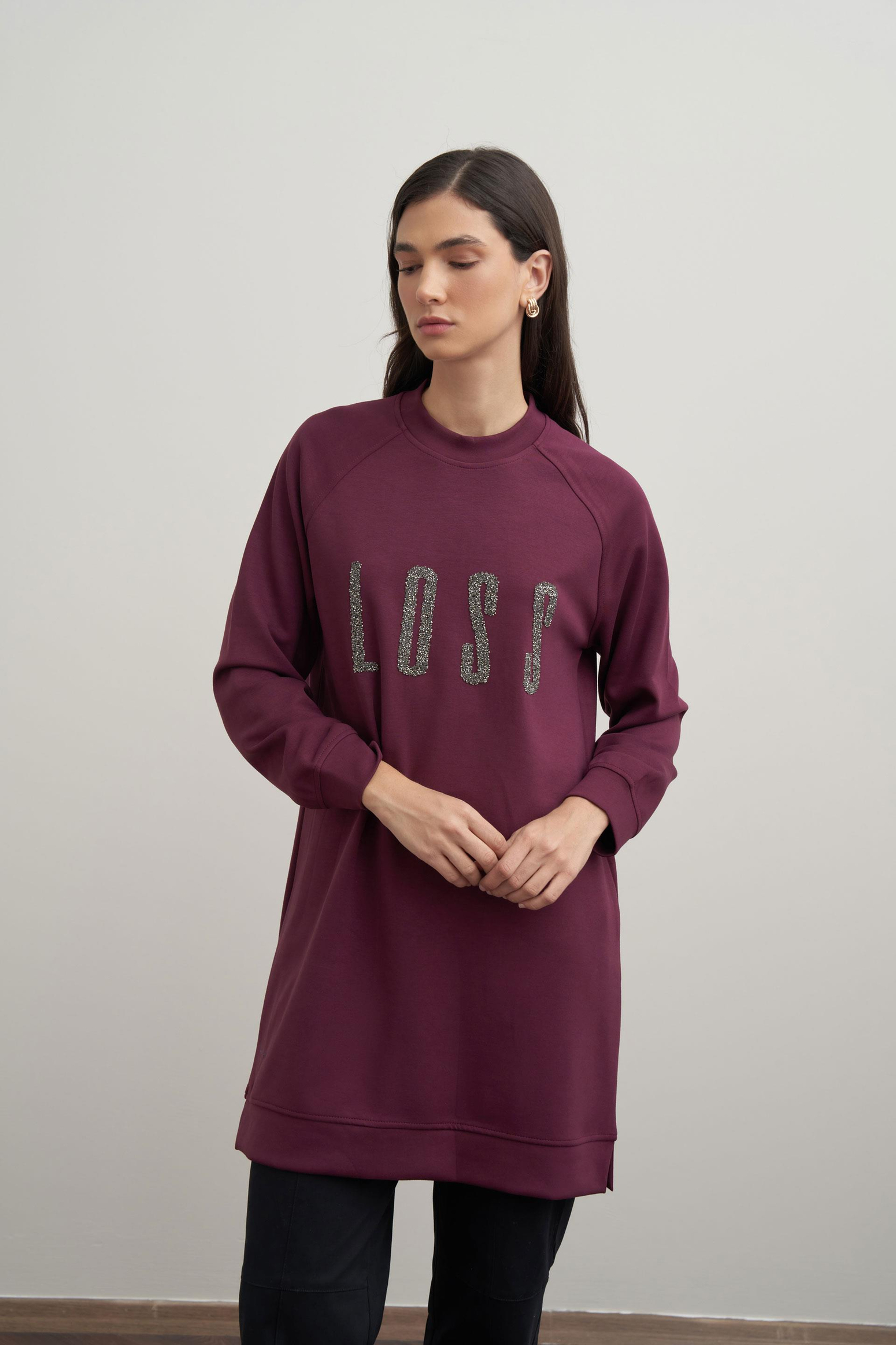 Bordo-Yumuşak Dokulu Baskılı Reglan Tunik
