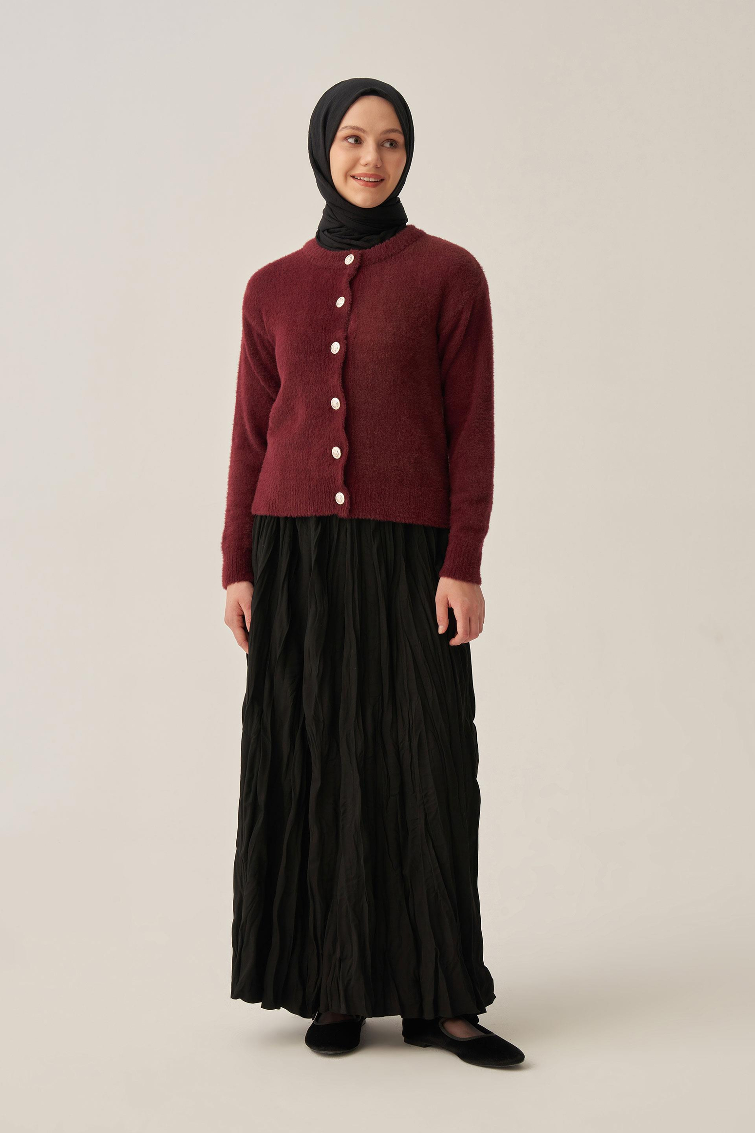 Bordo-Yumuşak Dokulu Dügmeli Hırka