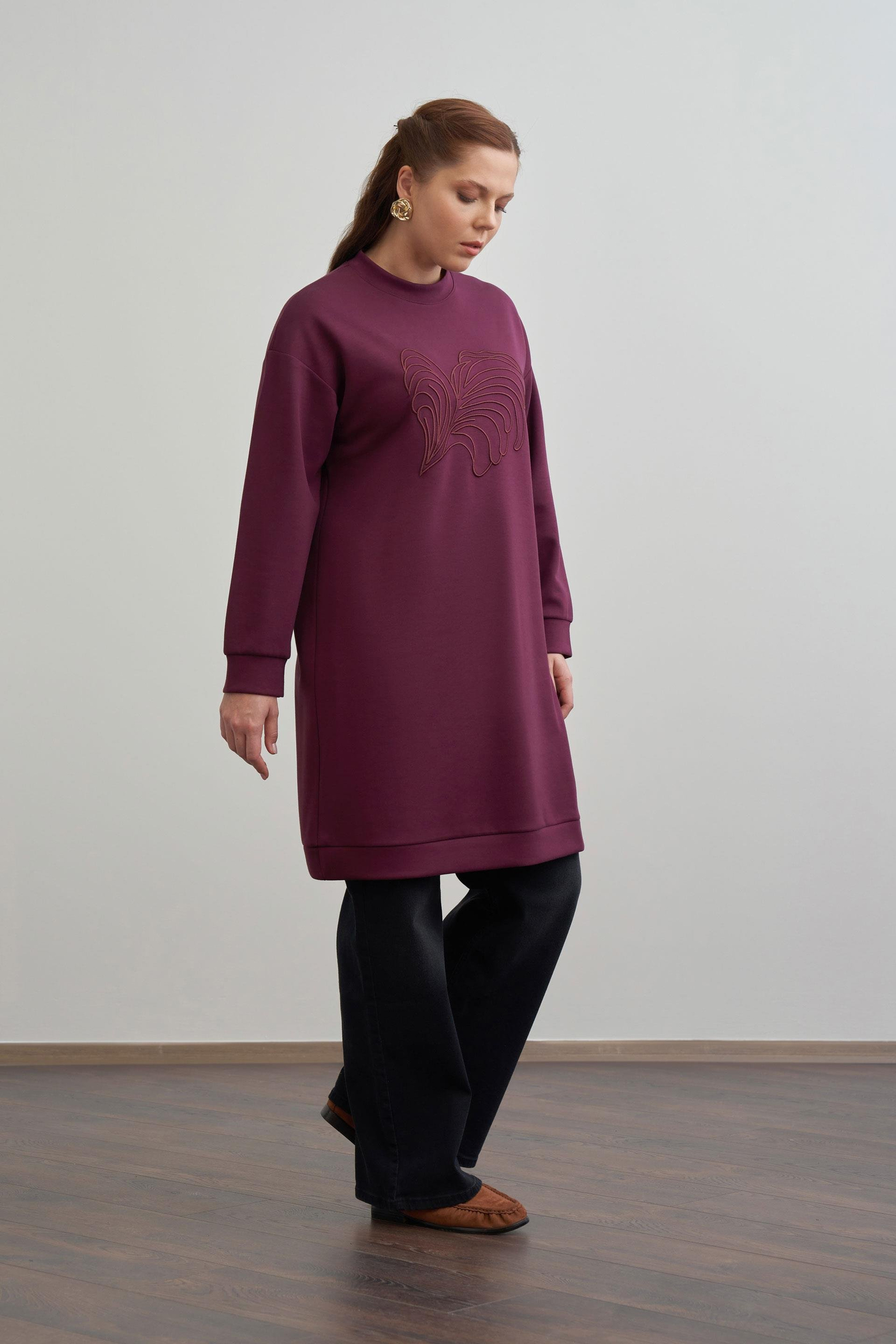 Bordo-Yumuşak Dokulu Nakışlı Sweatshirt