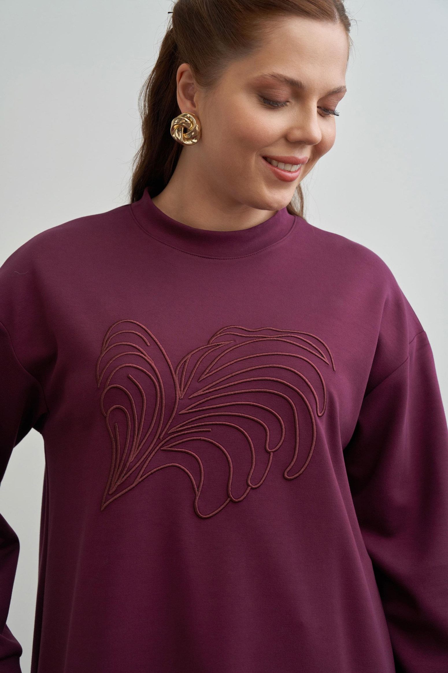 Bordo-Yumuşak Dokulu Nakışlı Sweatshirt