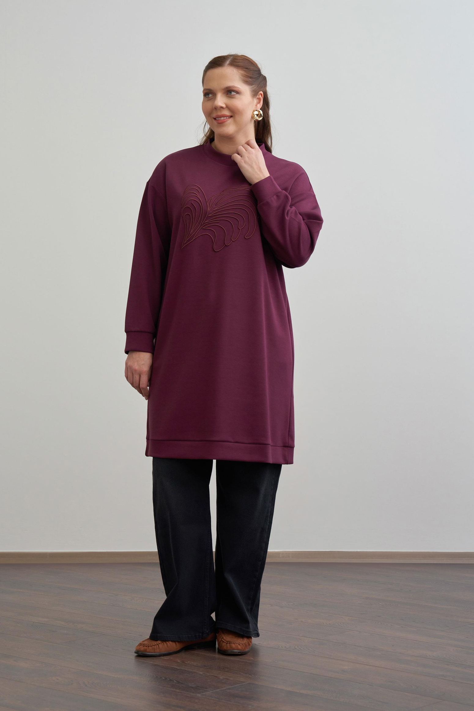 Bordo-Yumuşak Dokulu Nakışlı Sweatshirt