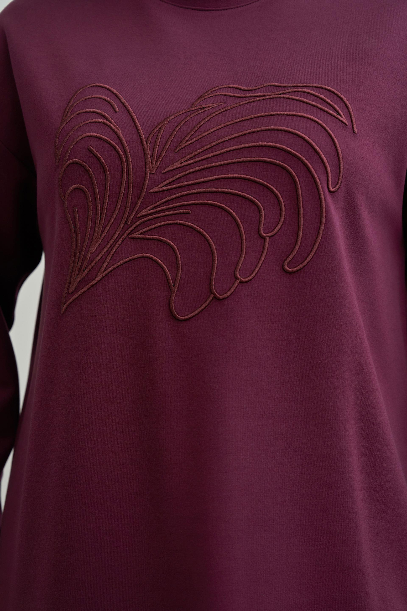 Bordo-Yumuşak Dokulu Nakışlı Sweatshirt