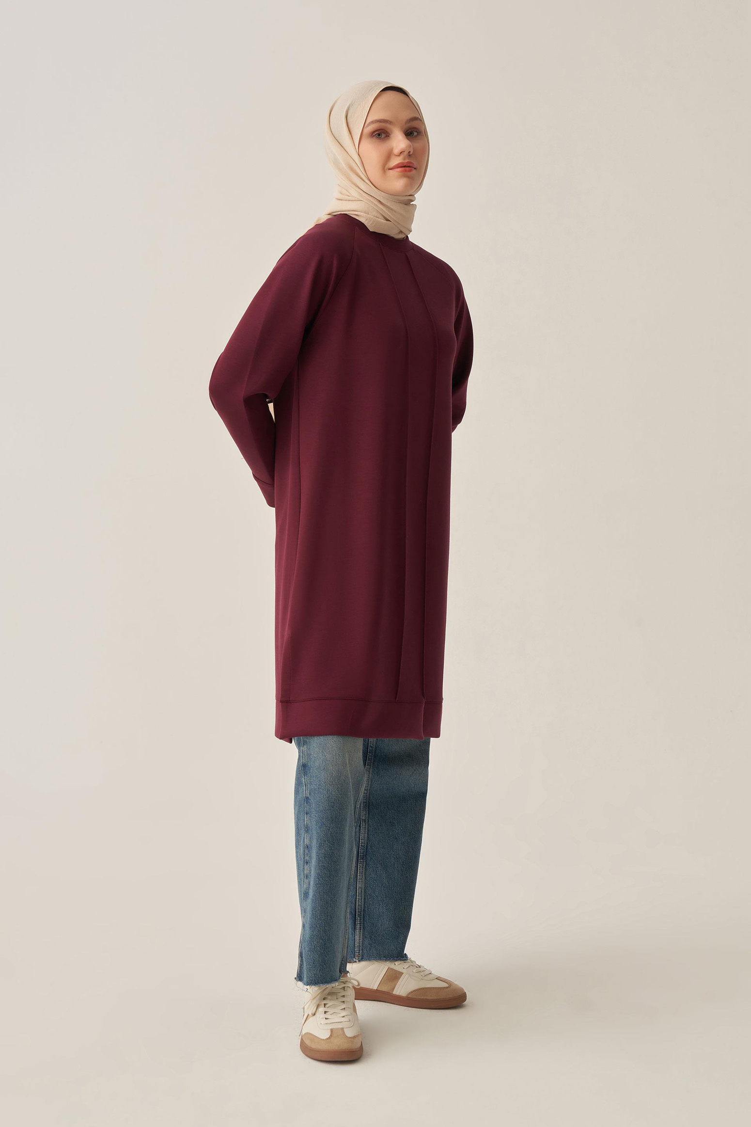 Bordo-Yumuşak Dokulu Nervürlü Tunik