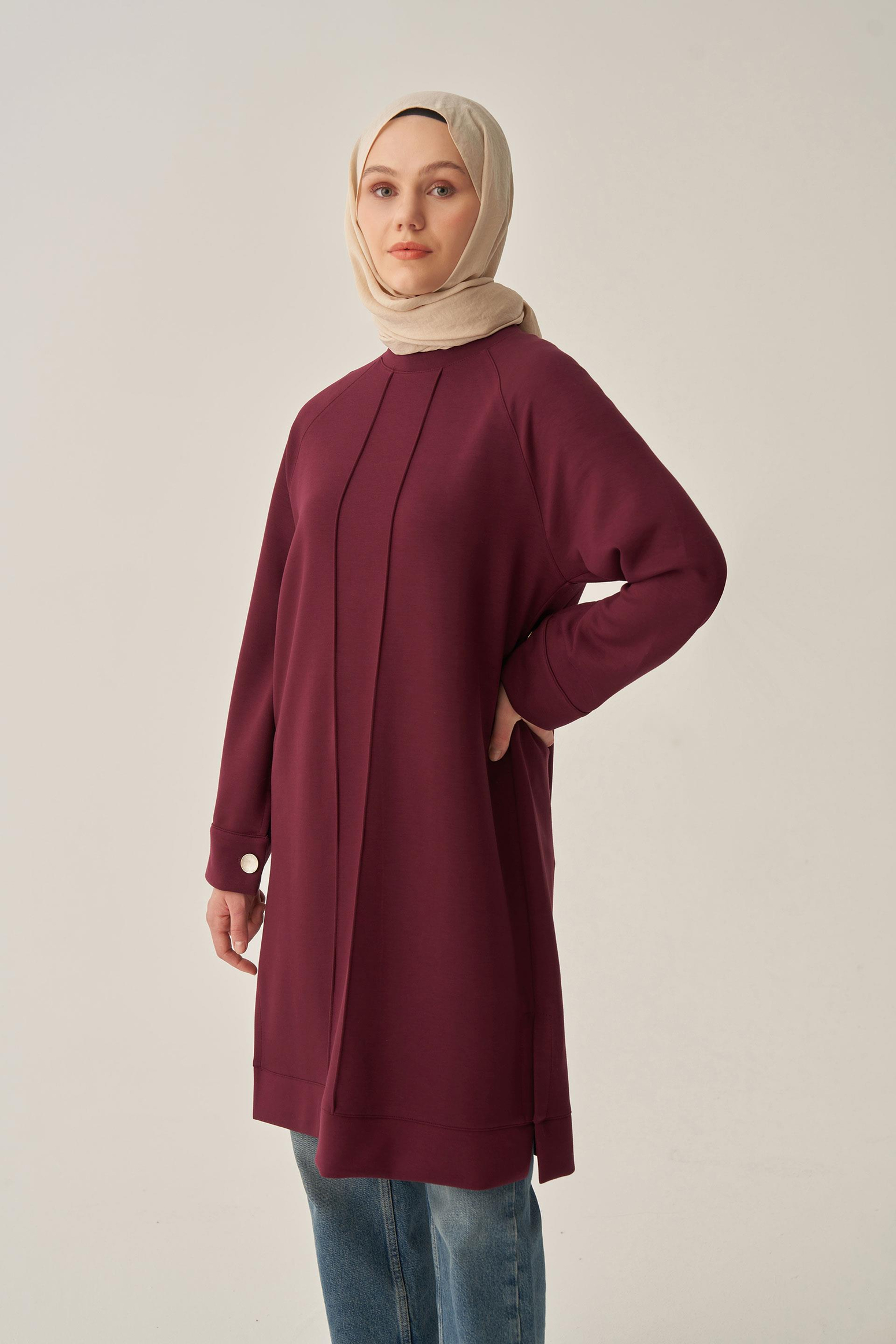Bordo-Yumuşak Dokulu Nervürlü Tunik