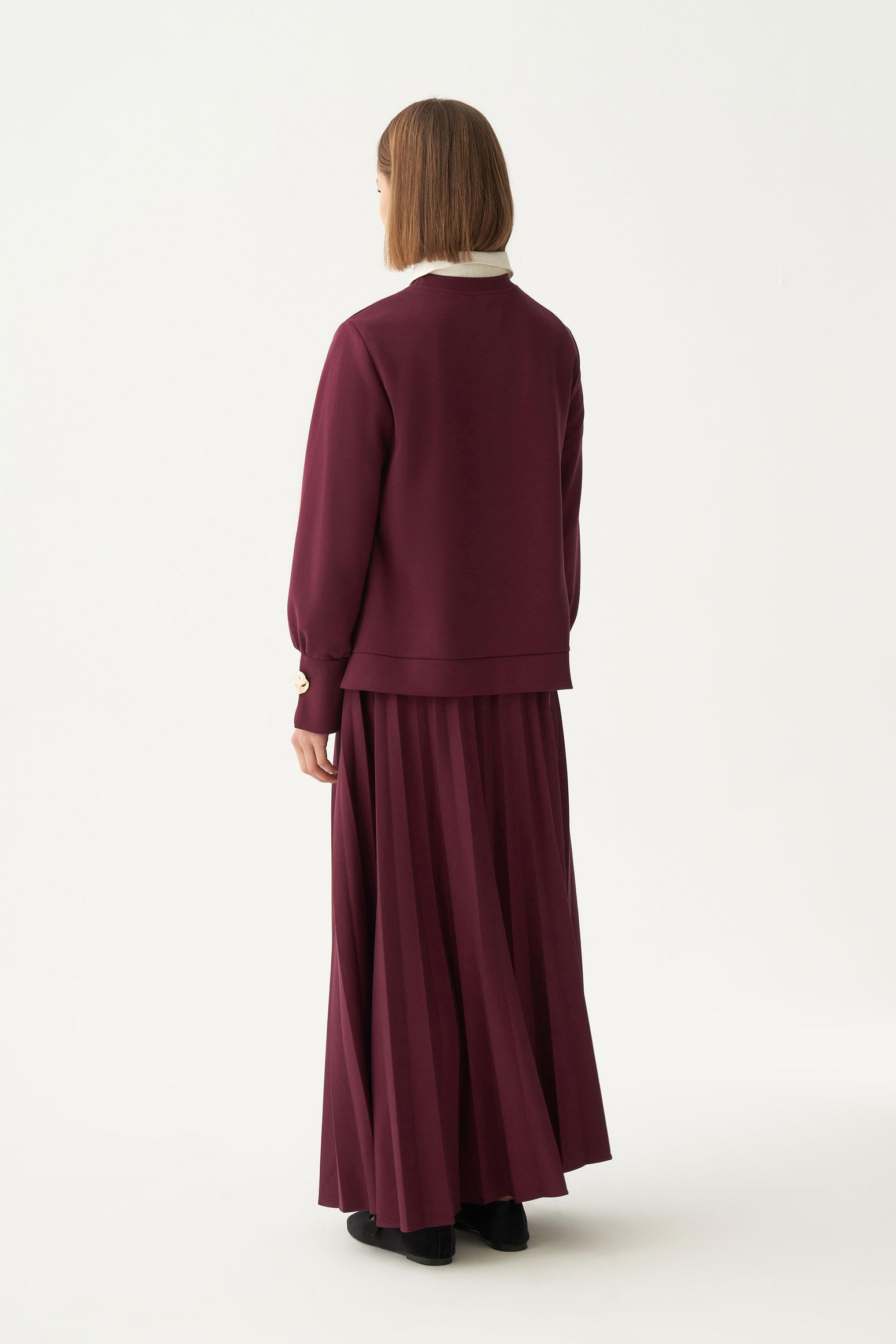 Bordo-Yumuşak Dokulu Pliseli Şık Etekli Takım