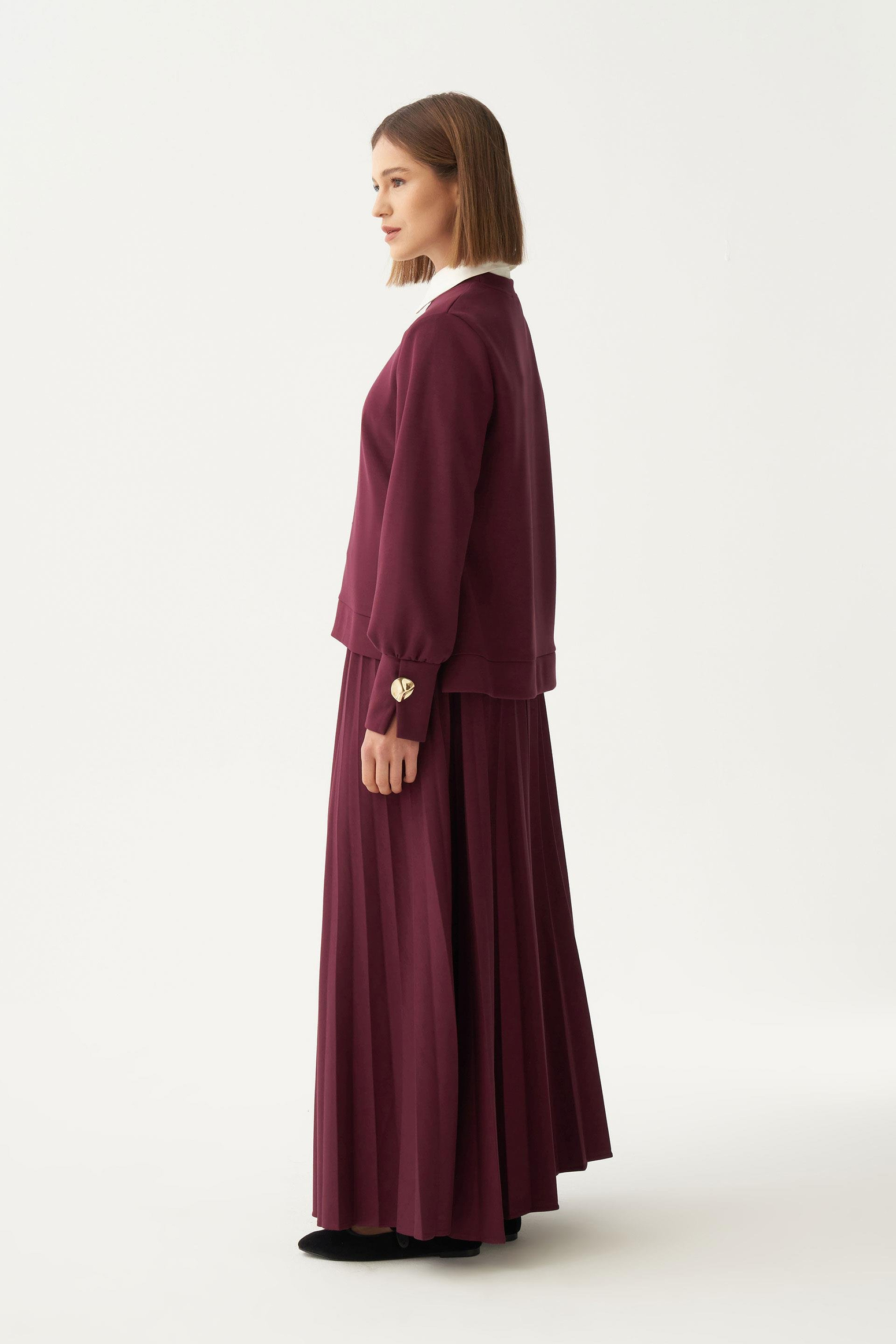 Bordo-Yumuşak Dokulu Pliseli Şık Etekli Takım