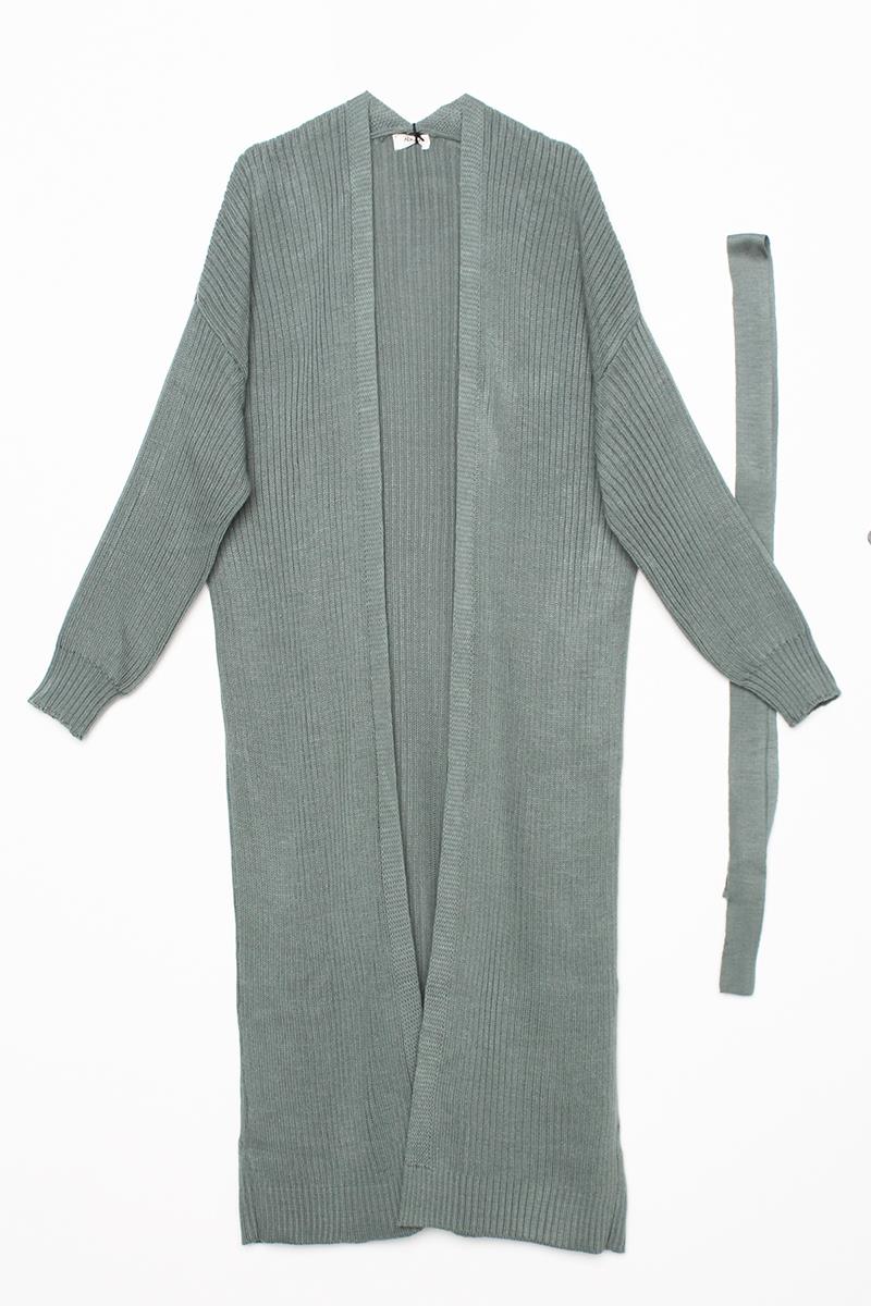 Cardigan tricoté long à ceinture côtelée vert