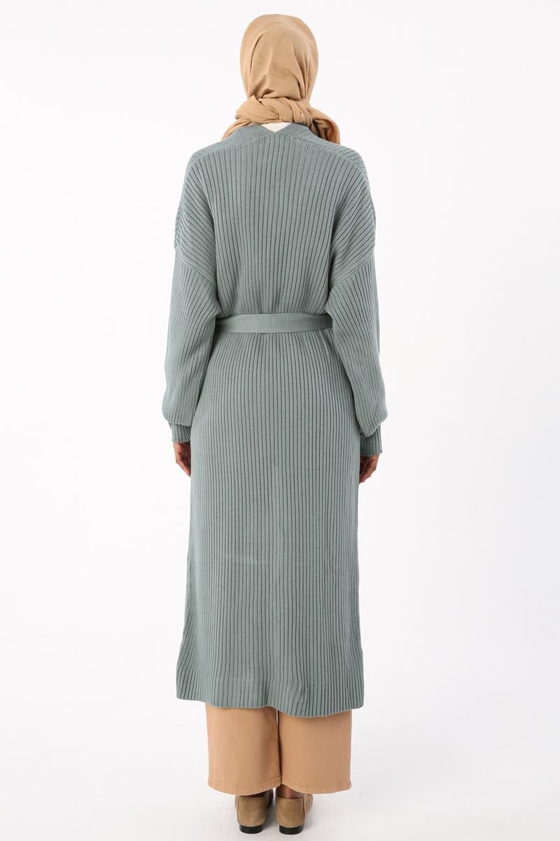 Cardigan tricoté long à ceinture côtelée vert