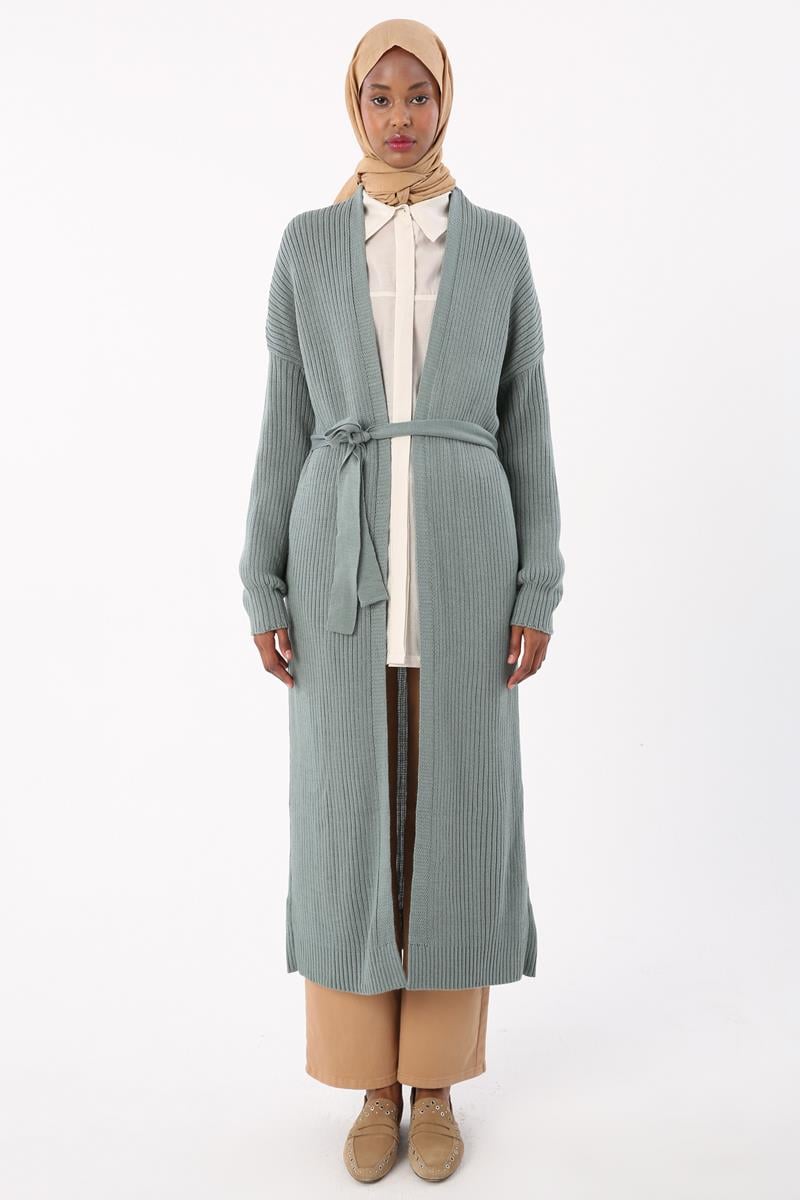 Cardigan tricoté long à ceinture côtelée vert