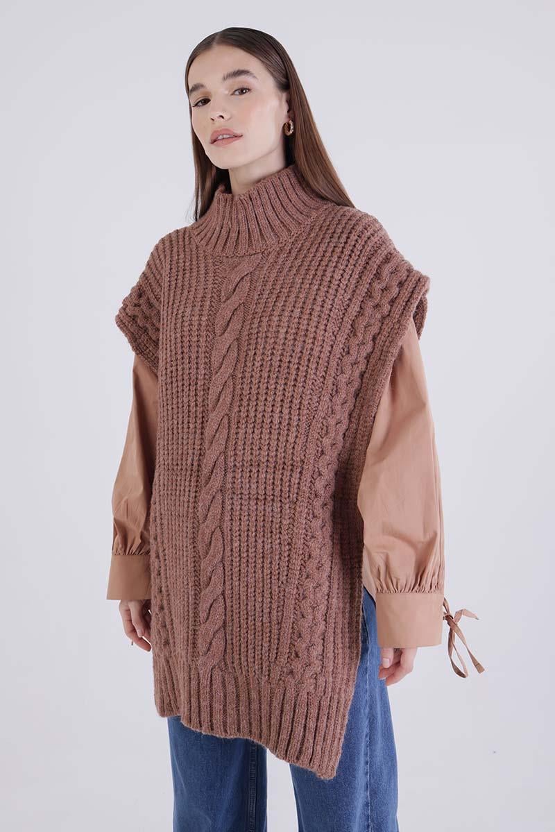 Camel-Braided Turtleneck Sweater