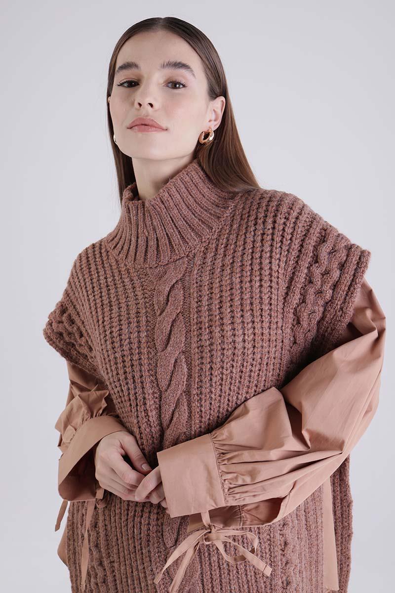 Camel-Braided Turtleneck Sweater