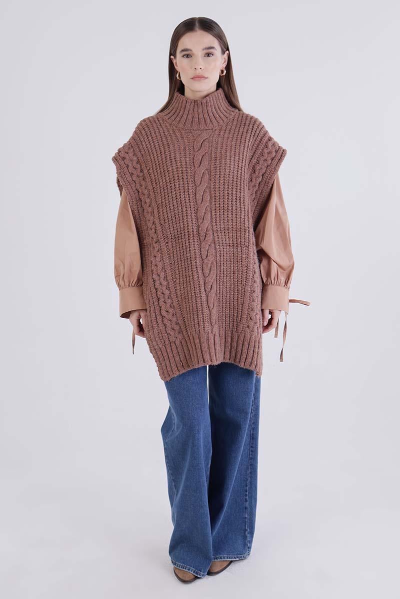 Camel-Braided Turtleneck Sweater