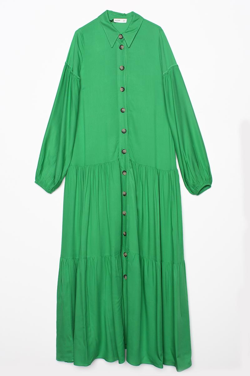 Grass Green-100% Viscose Shirt Dress with Ruffled Skirt and Sleeves