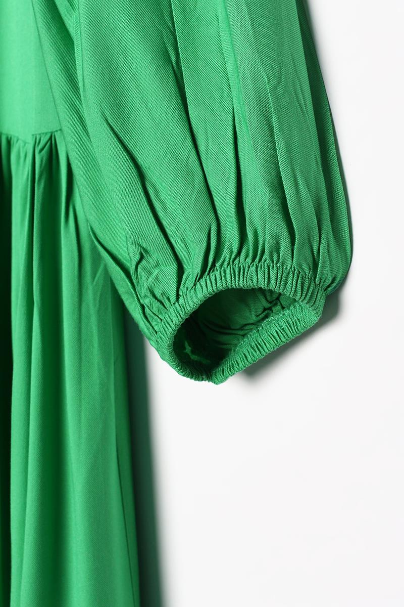 Grass Green-100% Viscose Shirt Dress with Ruffled Skirt and Sleeves
