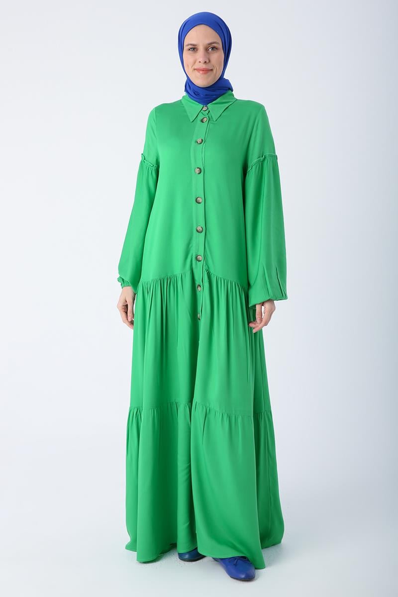Grass Green-100% Viscose Shirt Dress with Ruffled Skirt and Sleeves
