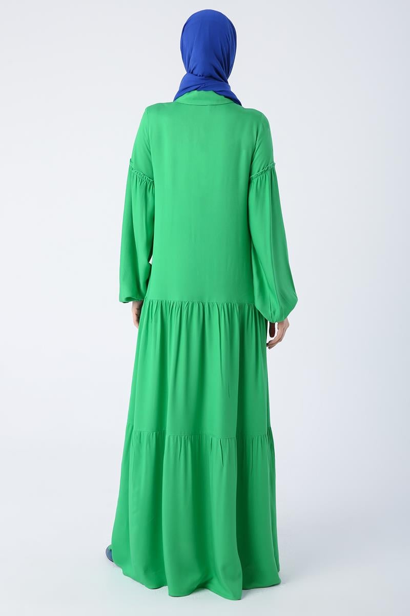 Grass Green-100% Viscose Shirt Dress with Ruffled Skirt and Sleeves