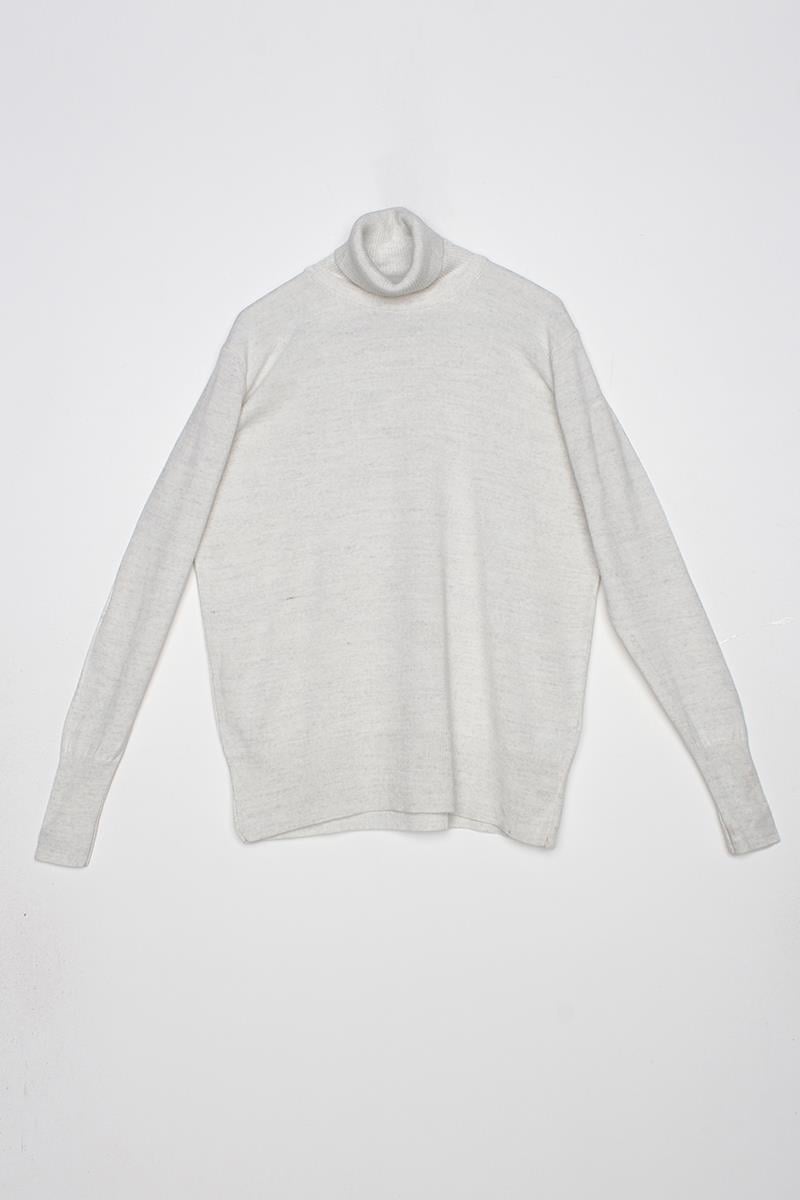Very Light Gray Melange-Turtleneck Short Knitwear Sweater