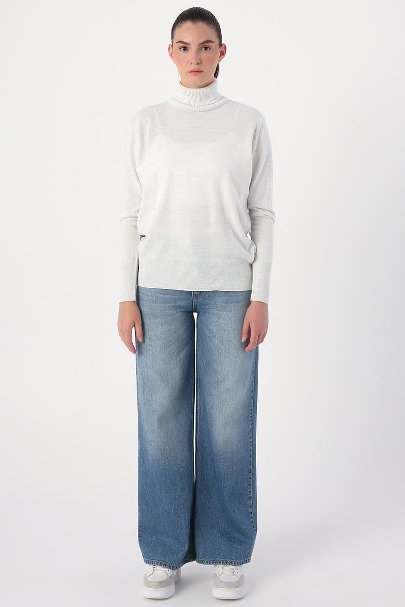 Very Light Gray Melange-Turtleneck Short Knitwear Sweater