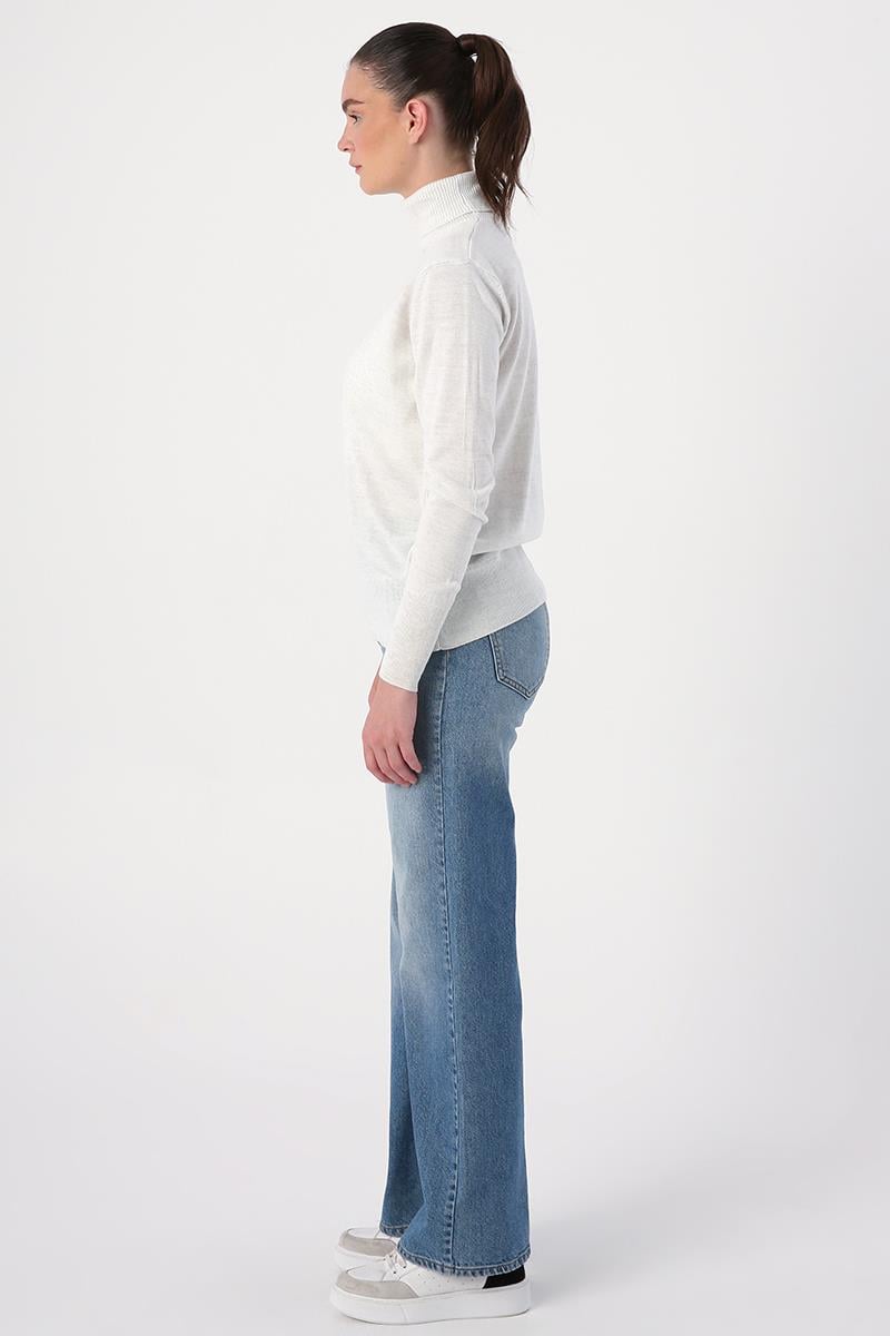 Very Light Gray Melange-Turtleneck Short Knitwear Sweater