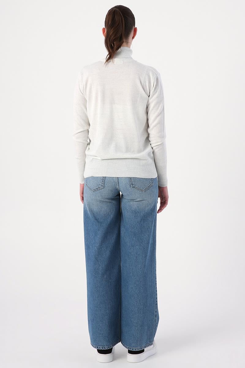 Very Light Gray Melange-Turtleneck Short Knitwear Sweater