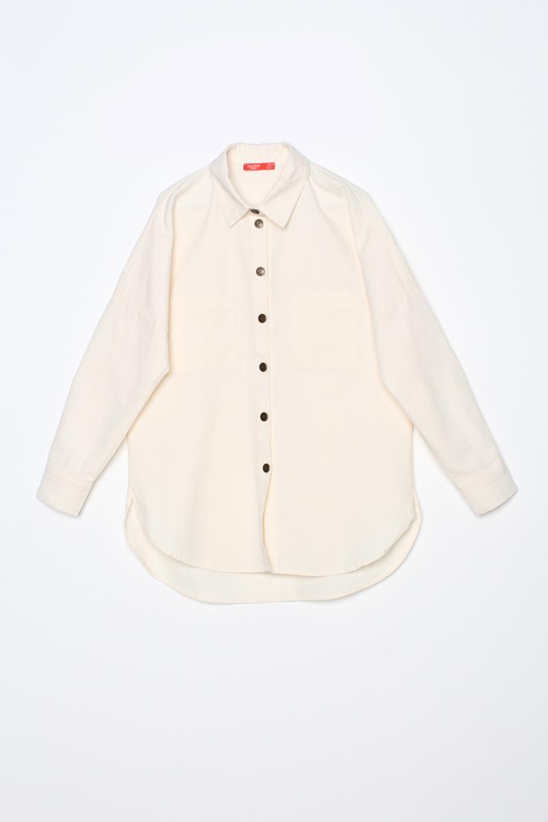 Ekru-%100 Pamuk Oversize Cepli Gömlek Tunik