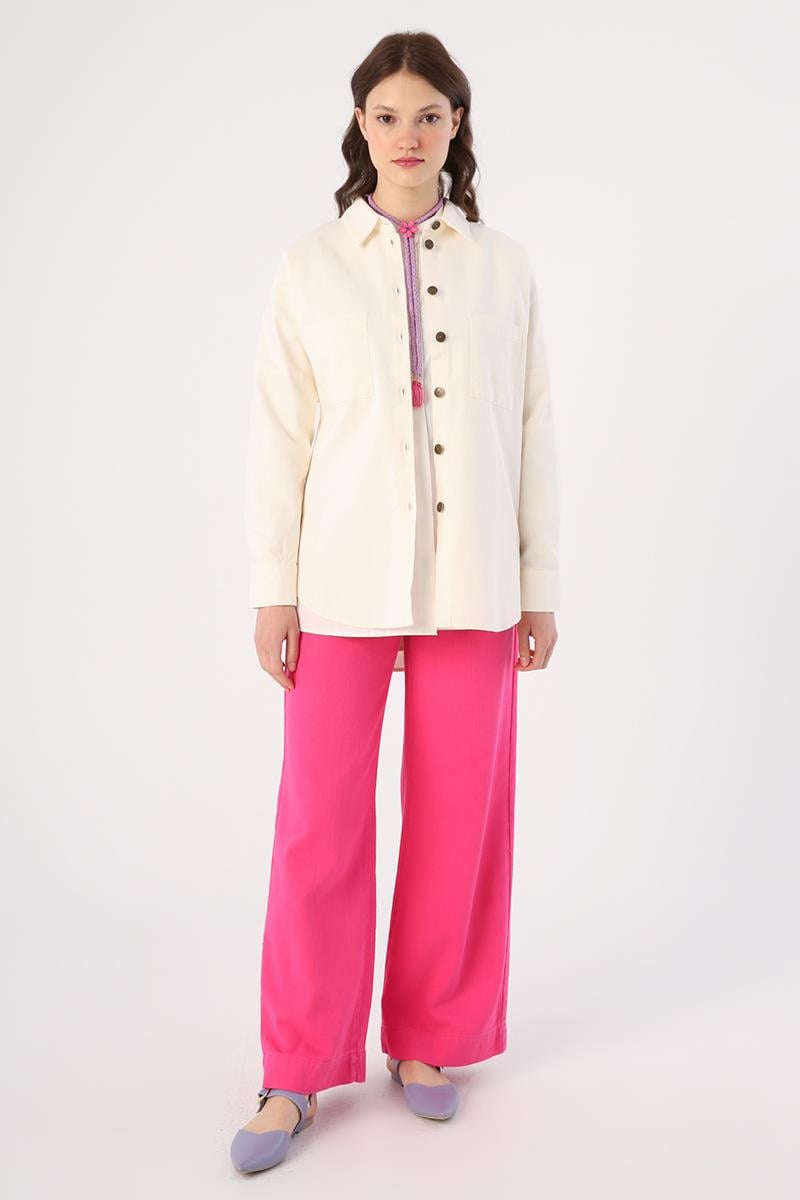 Ekru-%100 Pamuk Oversize Cepli Gömlek Tunik