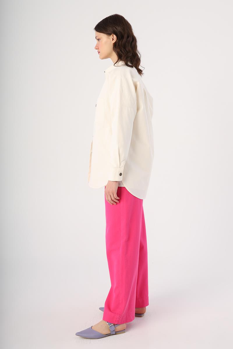 Ekru-%100 Pamuk Oversize Cepli Gömlek Tunik