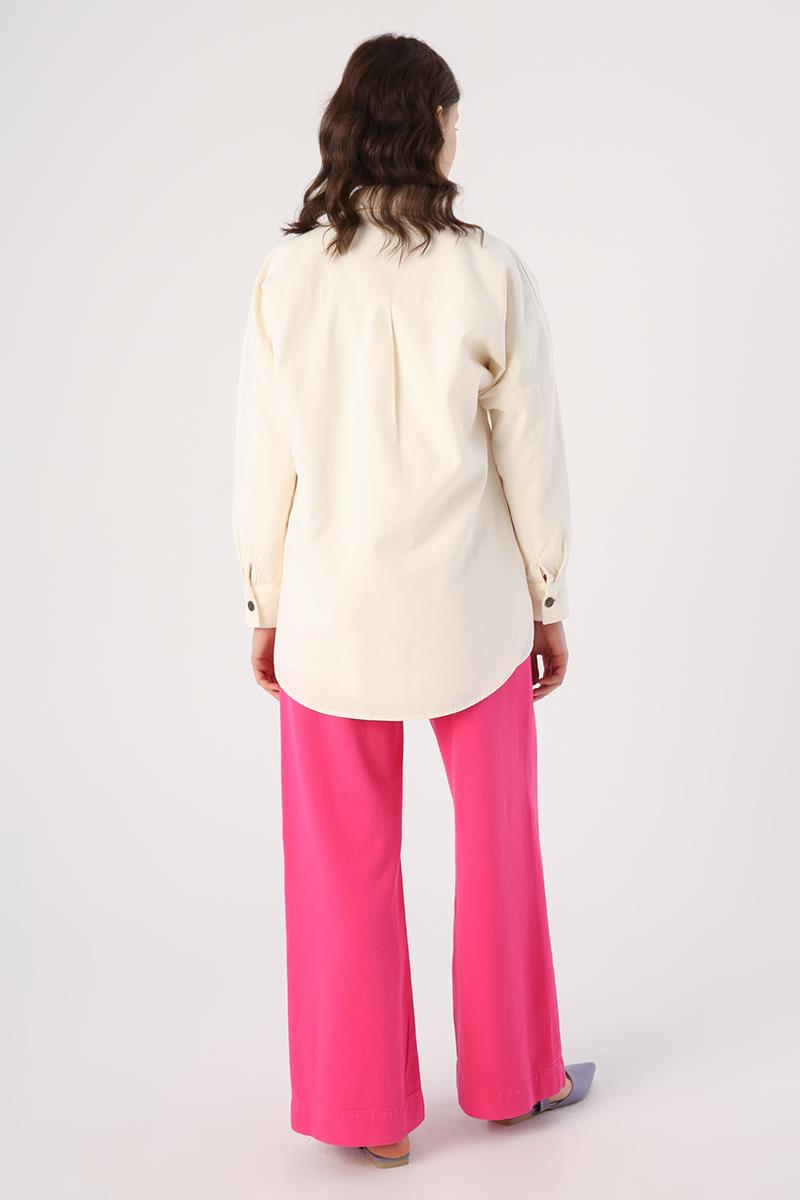 Ekru-%100 Pamuk Oversize Cepli Gömlek Tunik