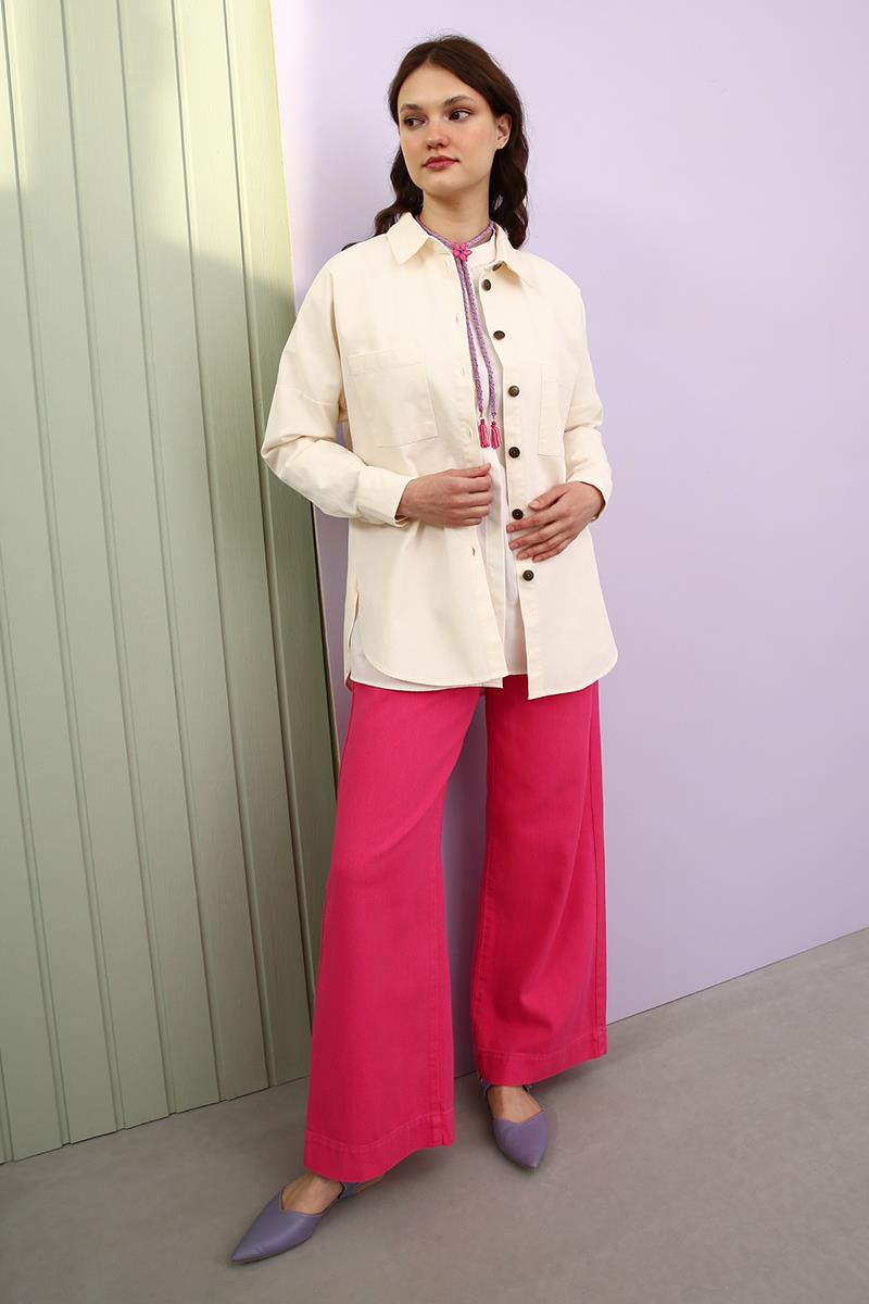 Ekru-%100 Pamuk Oversize Cepli Gömlek Tunik