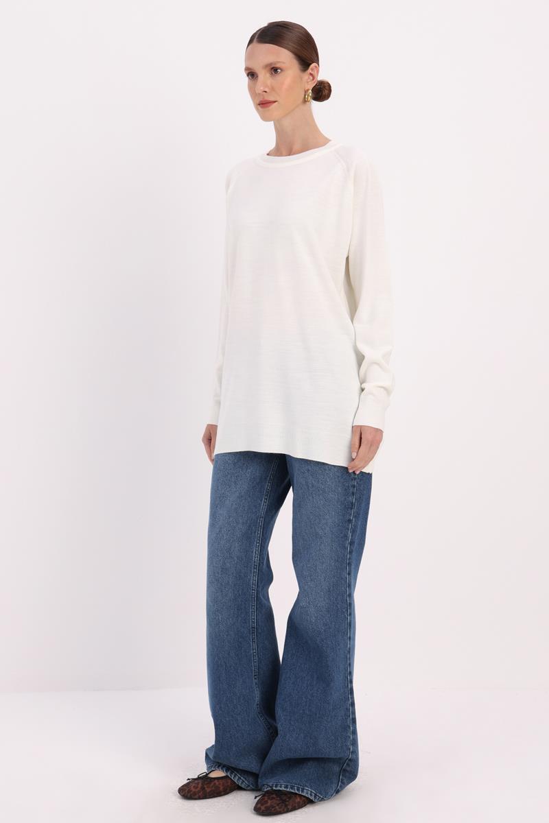 Ekru-BASİC REGLAN BİSİKLET YAKA KAZAK