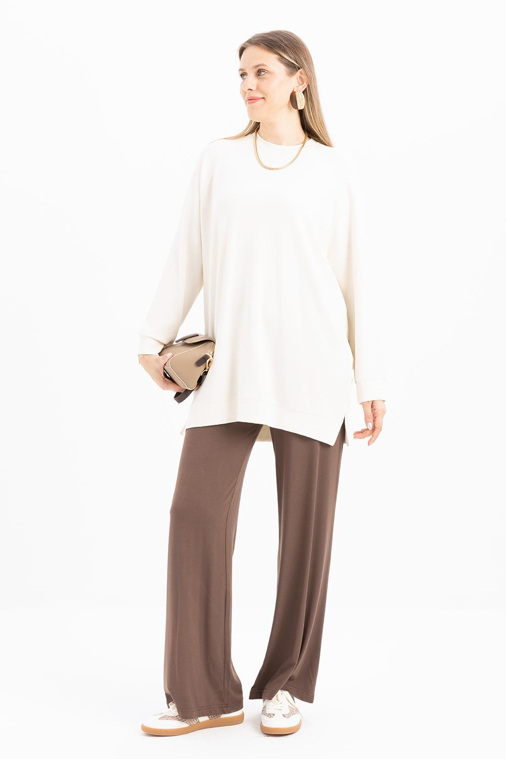 Ekru-Bisiklet Yaka Reglan Kol Sweat
